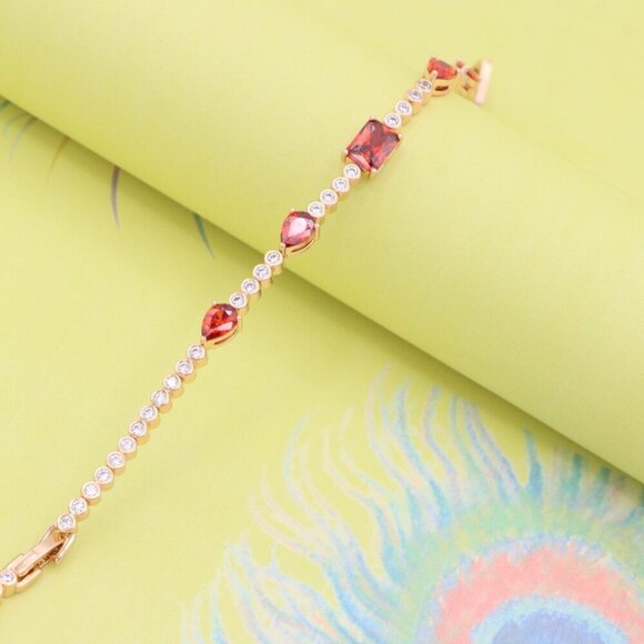 "Rose Gold Bracelet with Red Gem Accents and Round White Stones, XPBL0845 - Picture 3 of 13